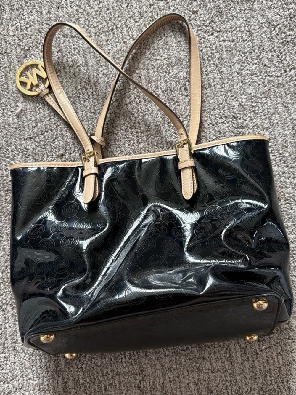 Michael Kors Black Patent Tote with Tan Trim and Gold MK Charm